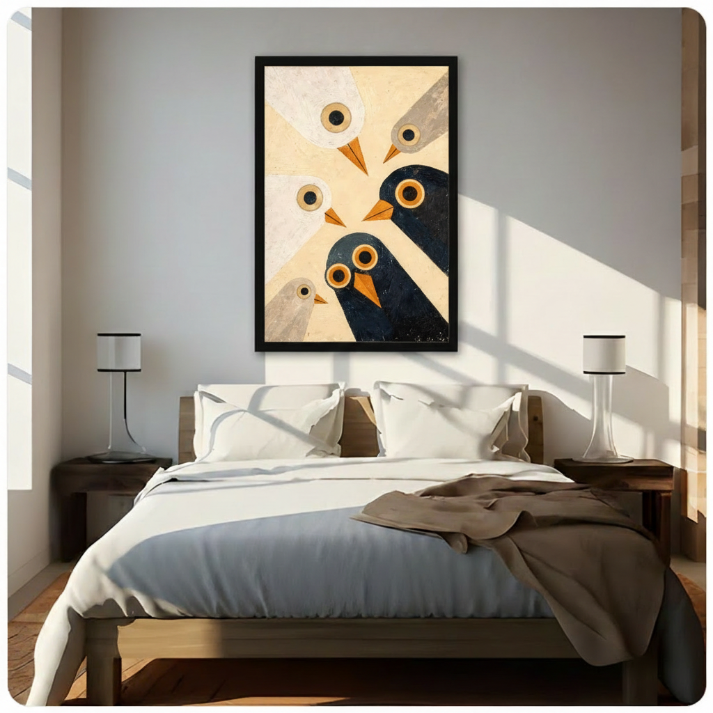 Retro Geometric Birds Framed Canvas Wall Art