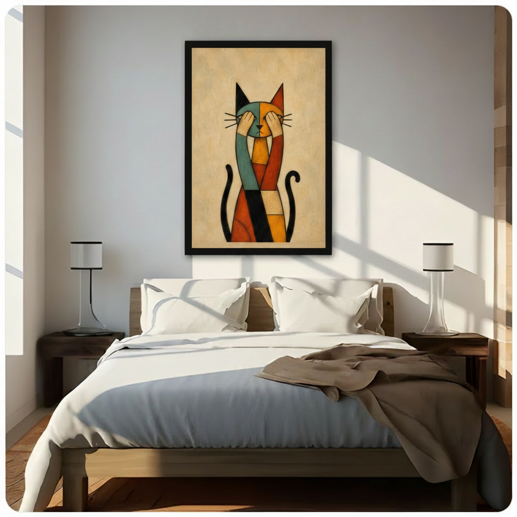 Cubist Abstract Cat Framed Canvas Wall Art