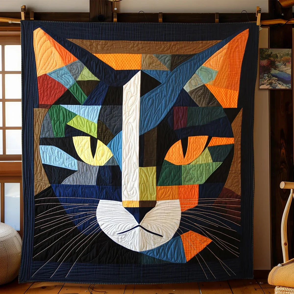 Abstract Geometric Cat Quilt Blanket