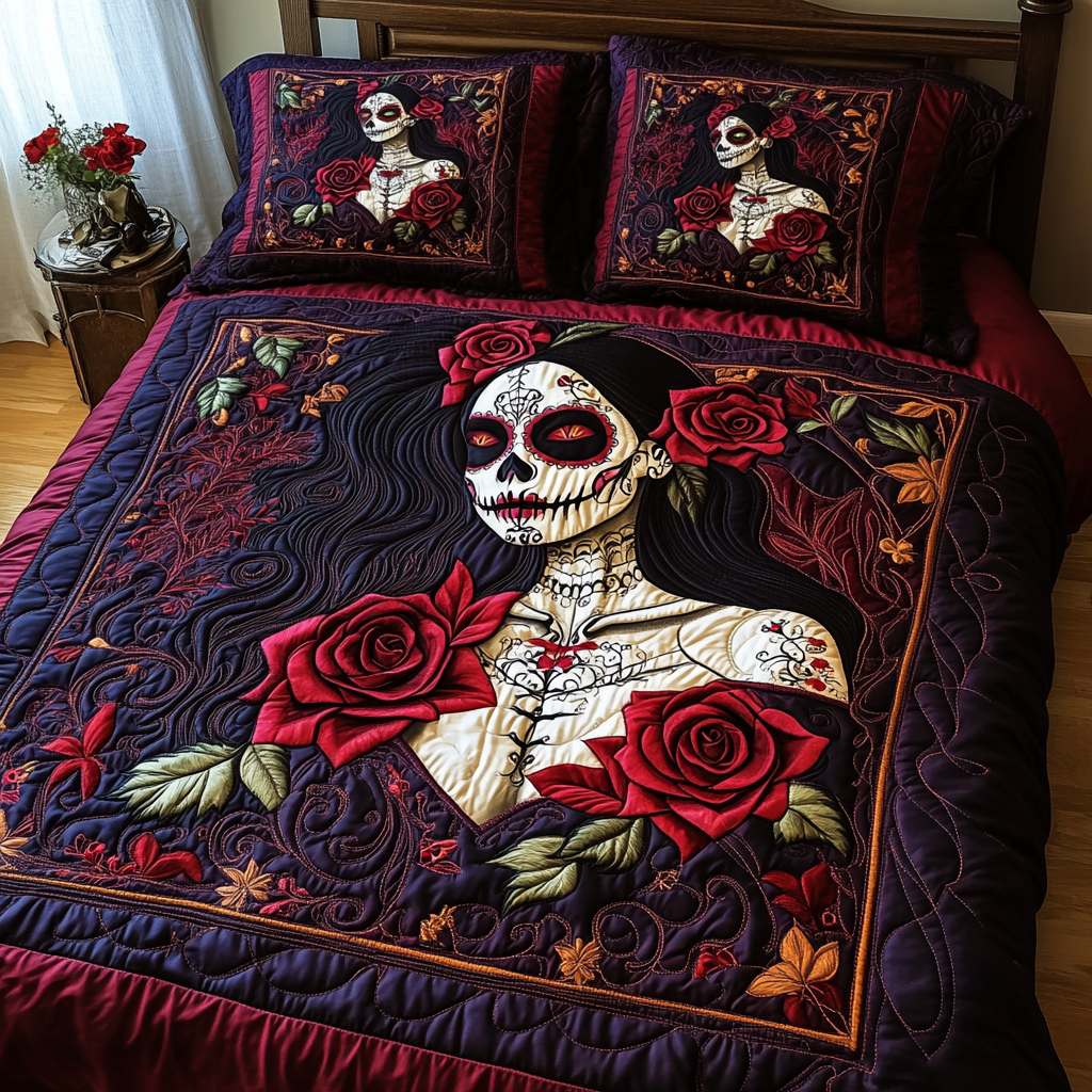 Skull And Blooms 3-Piece Quilted Bedding Set - Single (59" x 70")