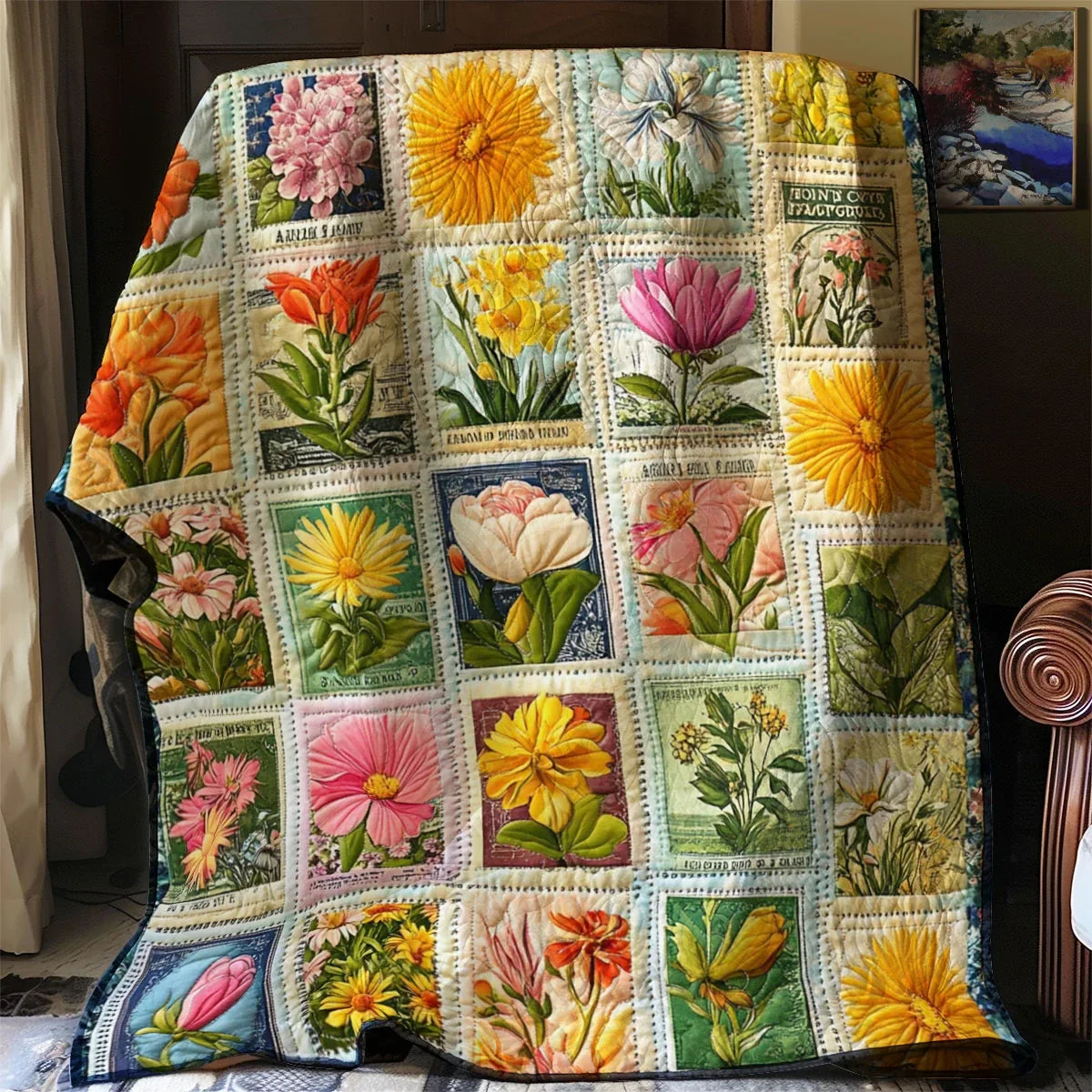 Antique Postal Florals Quilt Blanket