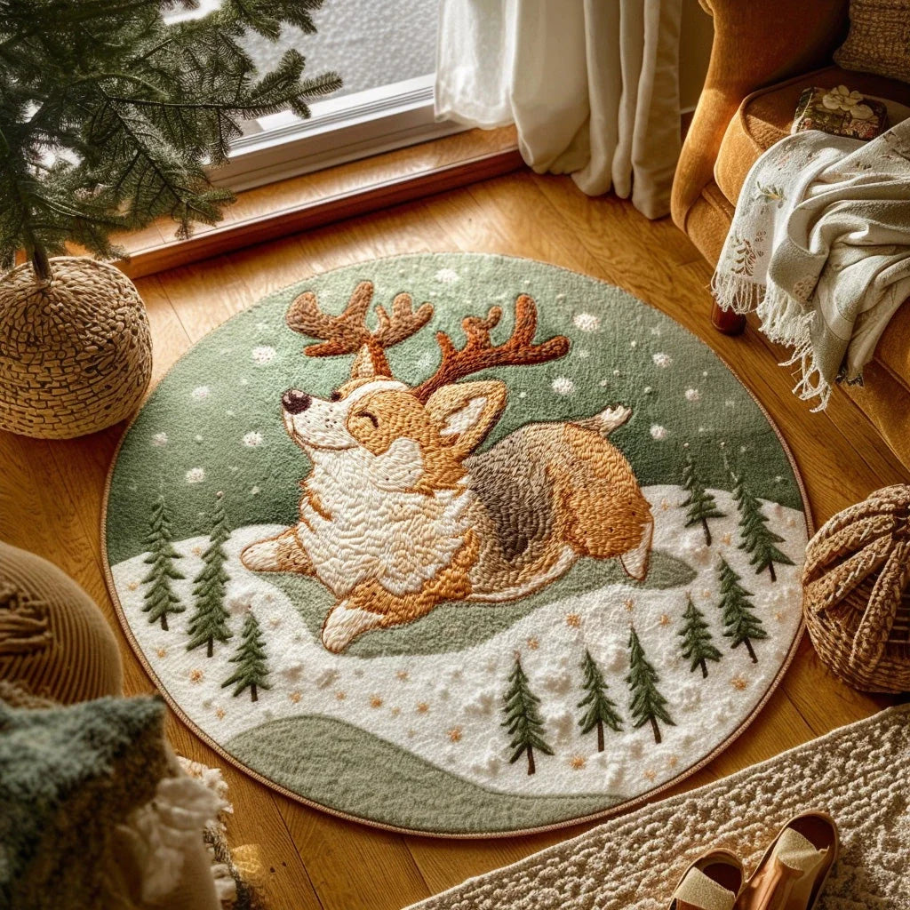 Antler Corgi Quilted Round Mat
