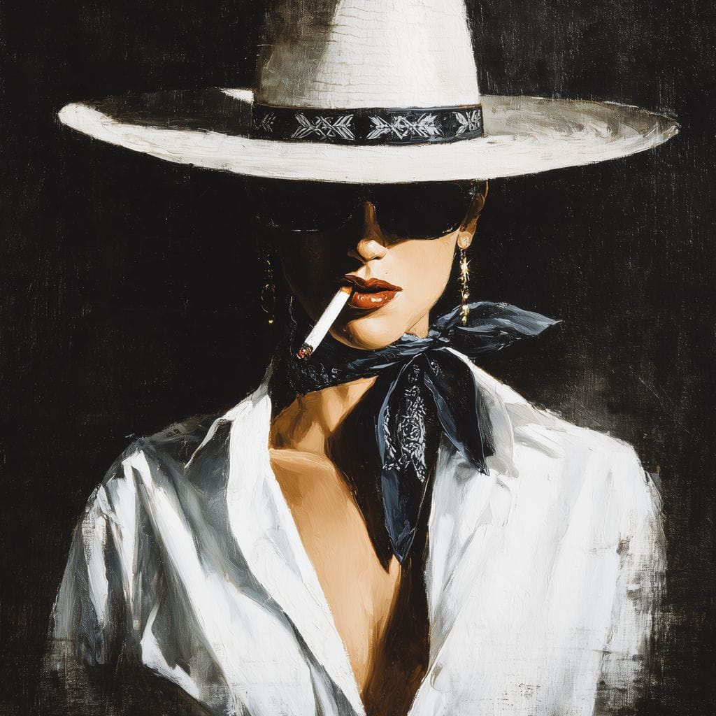 Noir Cowgirl Smoking Portrait Canvas Wall Art