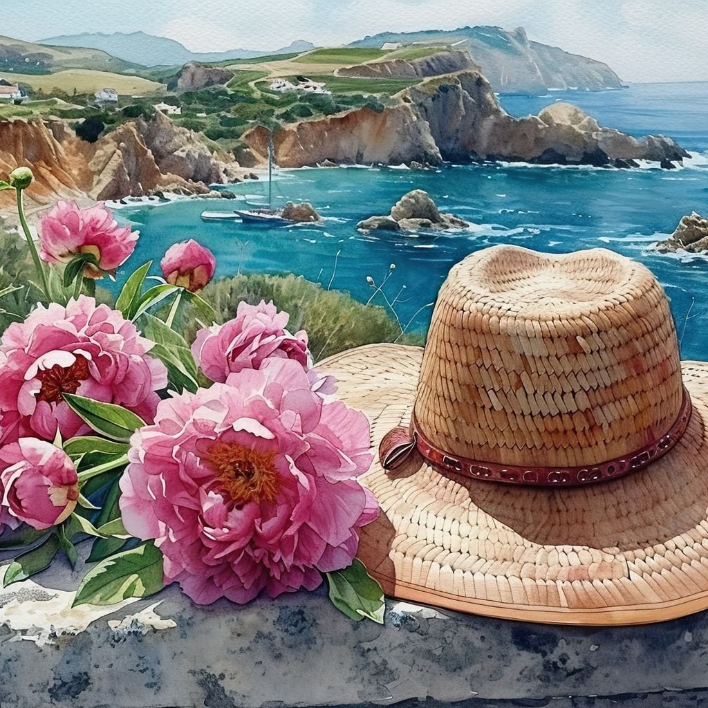 Seaside Blooms and Straw Hat Canvas Wall Art