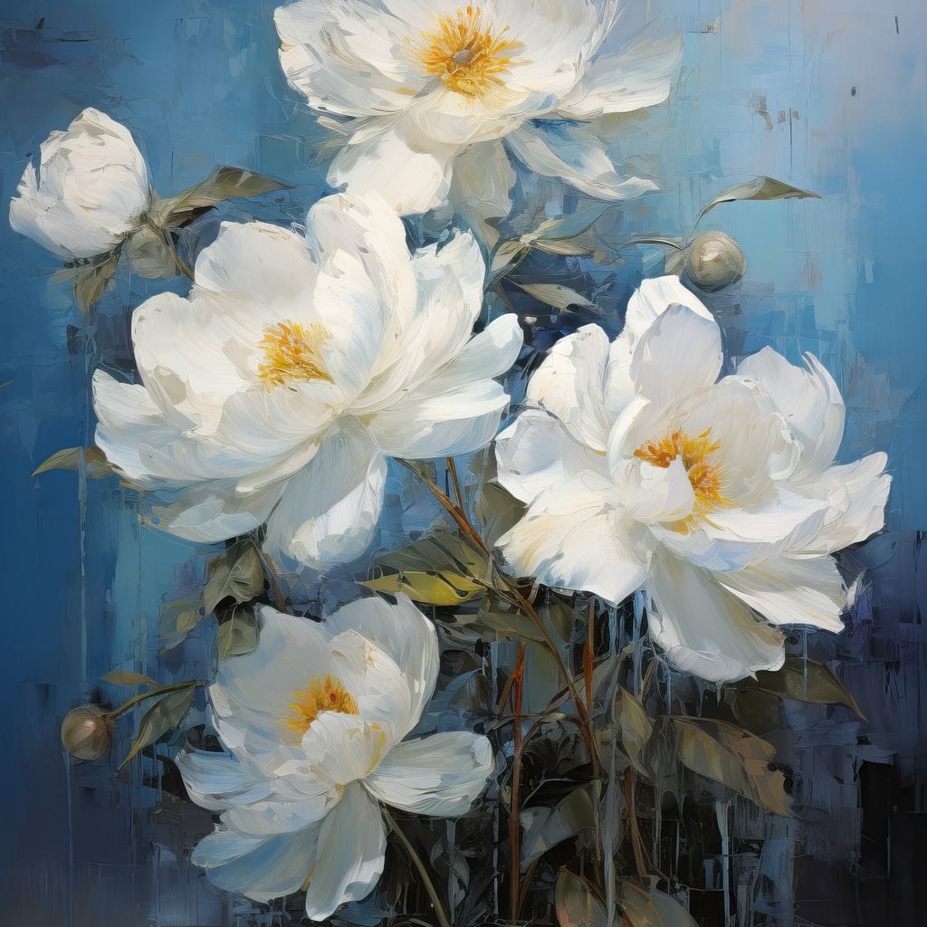 White Peonies on Light Blue Background Canvas Wall Art