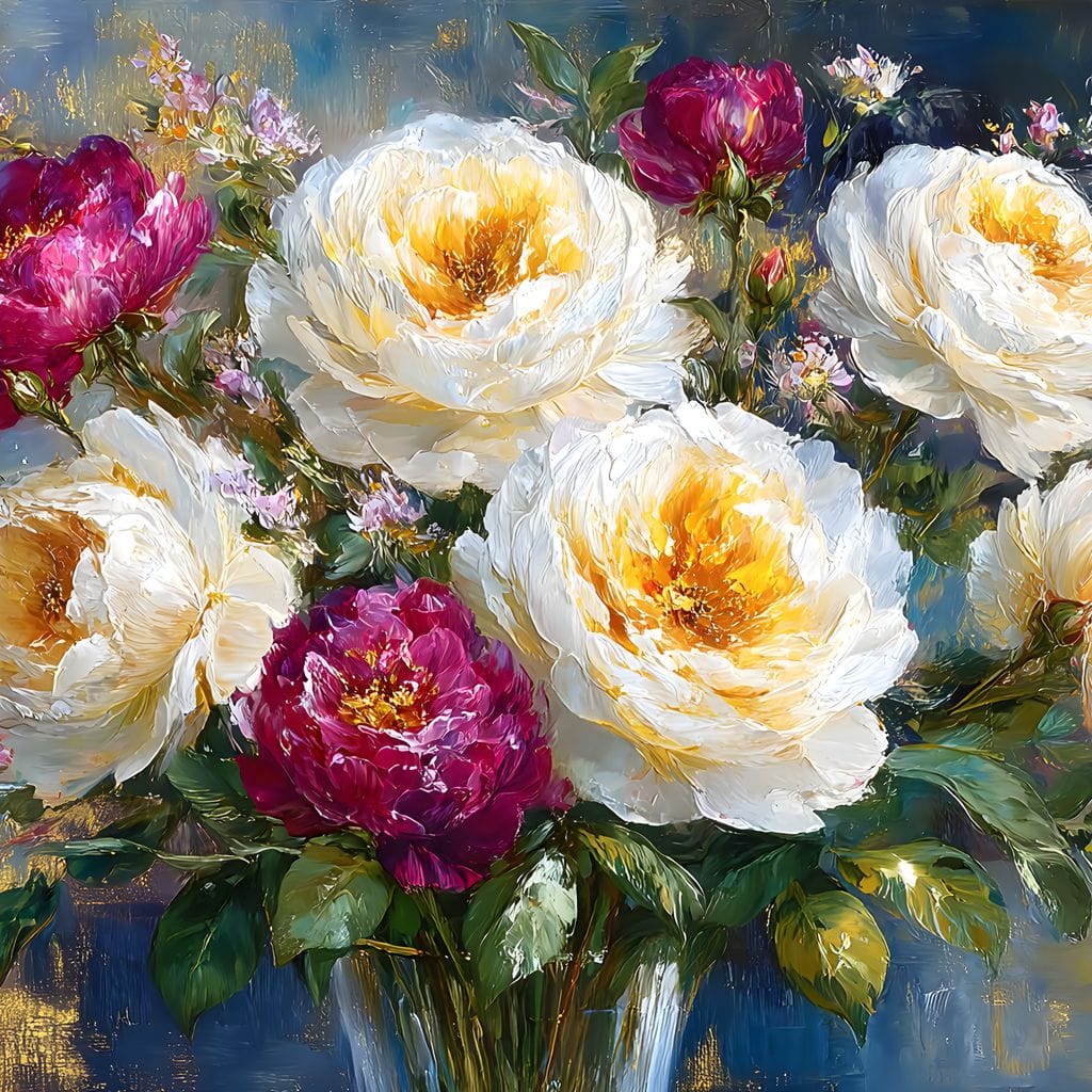 Golden Peonies on Blue Background Canvas Wall Art