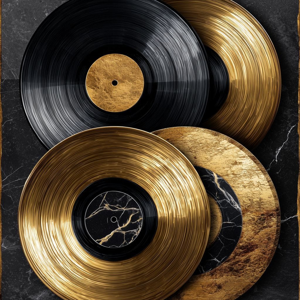 Gold Vinyl Records Noir Marble Canvas Wall Art