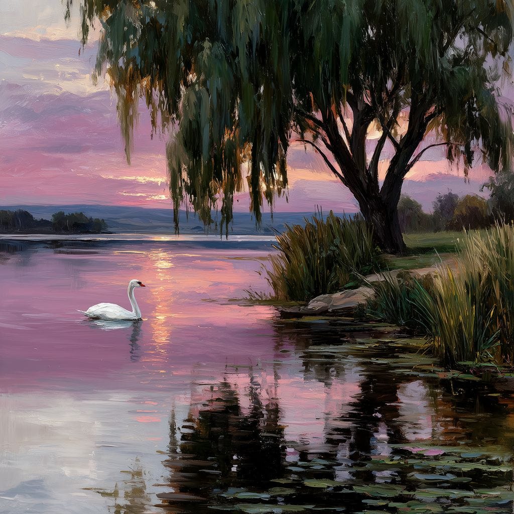 Swan Lake Sunset Willow Tree Canvas Wall Art