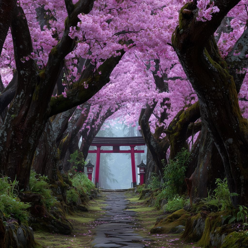 Sakura Gate Pathway Stillness Canvas Wall Art