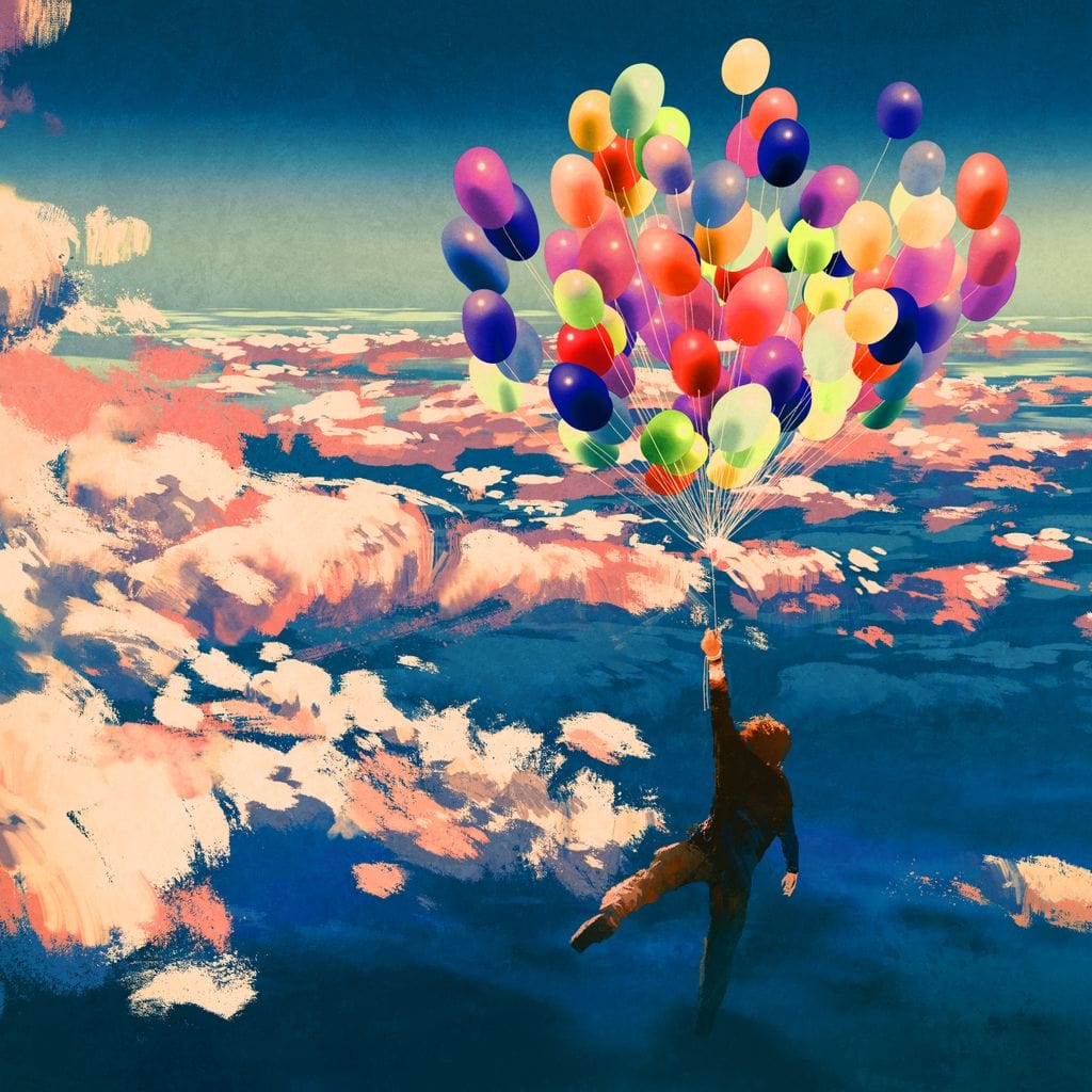 Flying with Colorful Balloons Canvas Wall Art