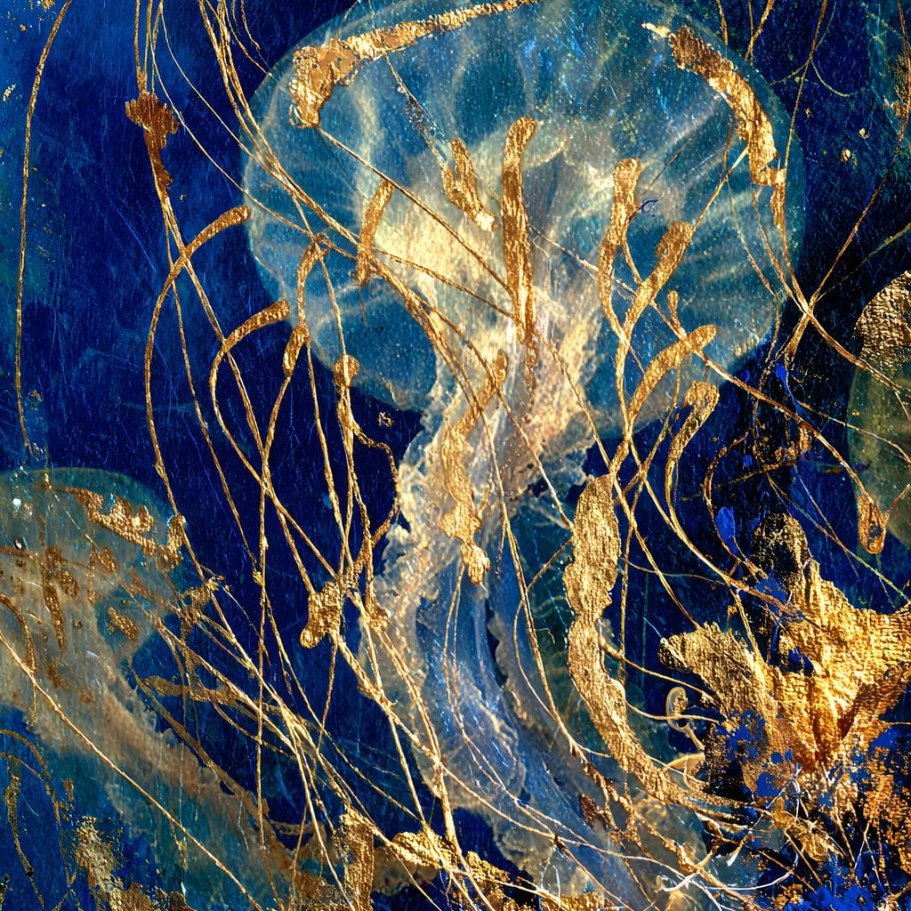 Golden Jellyfish Deep Blue Sea Canvas Wall Art