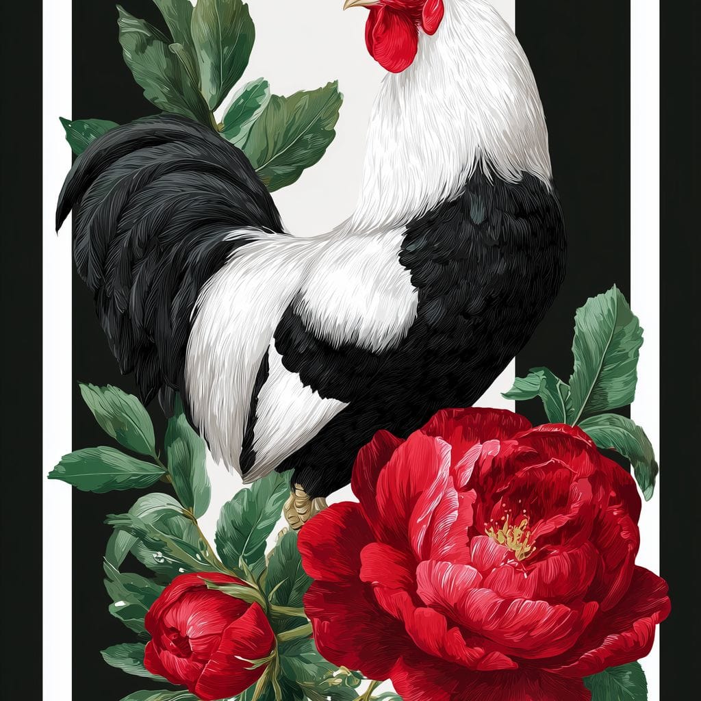 Rooster With Peony Garden Canvas Wall Art