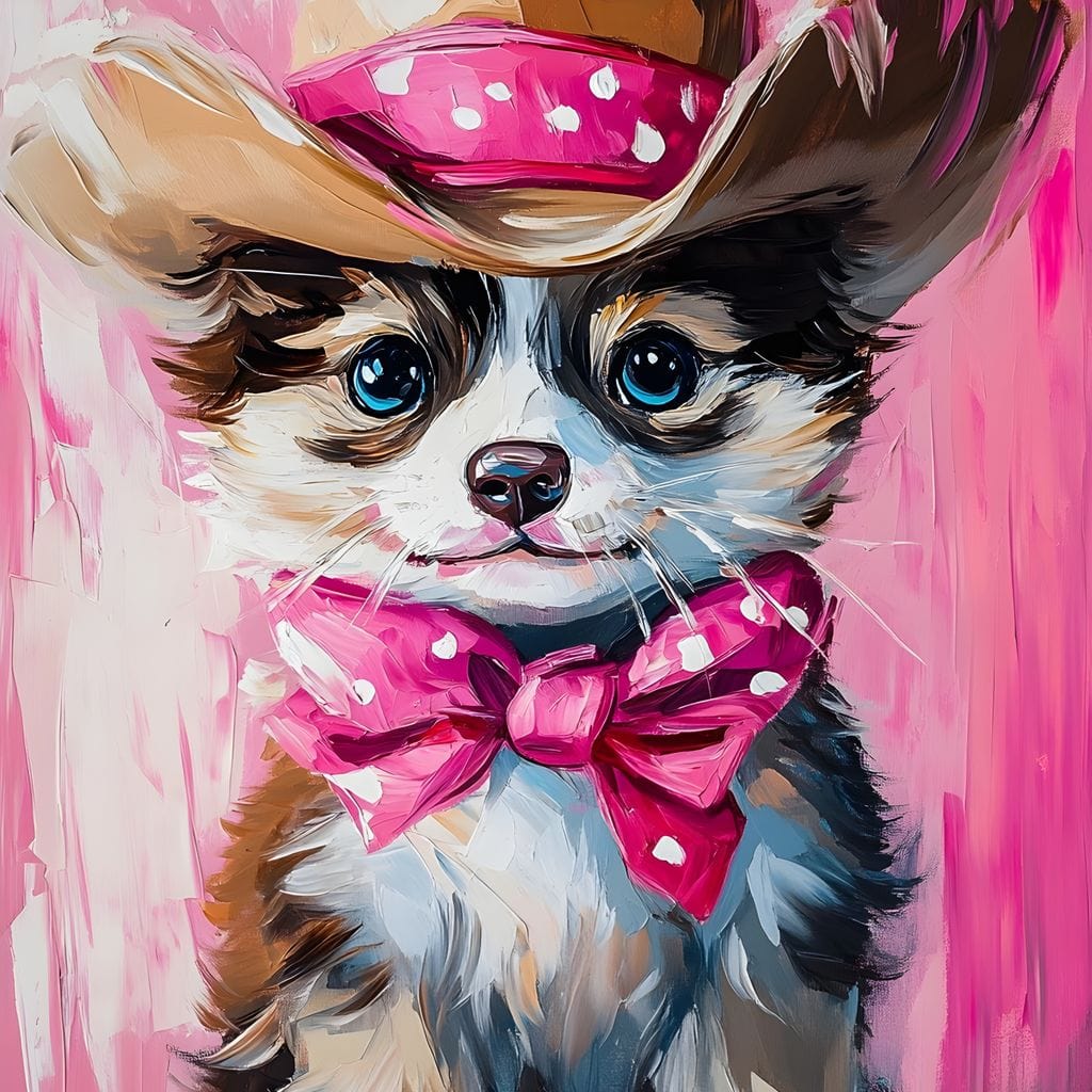 Cute Cowboy Puppy Pink Bow Charm Canvas Wall Art