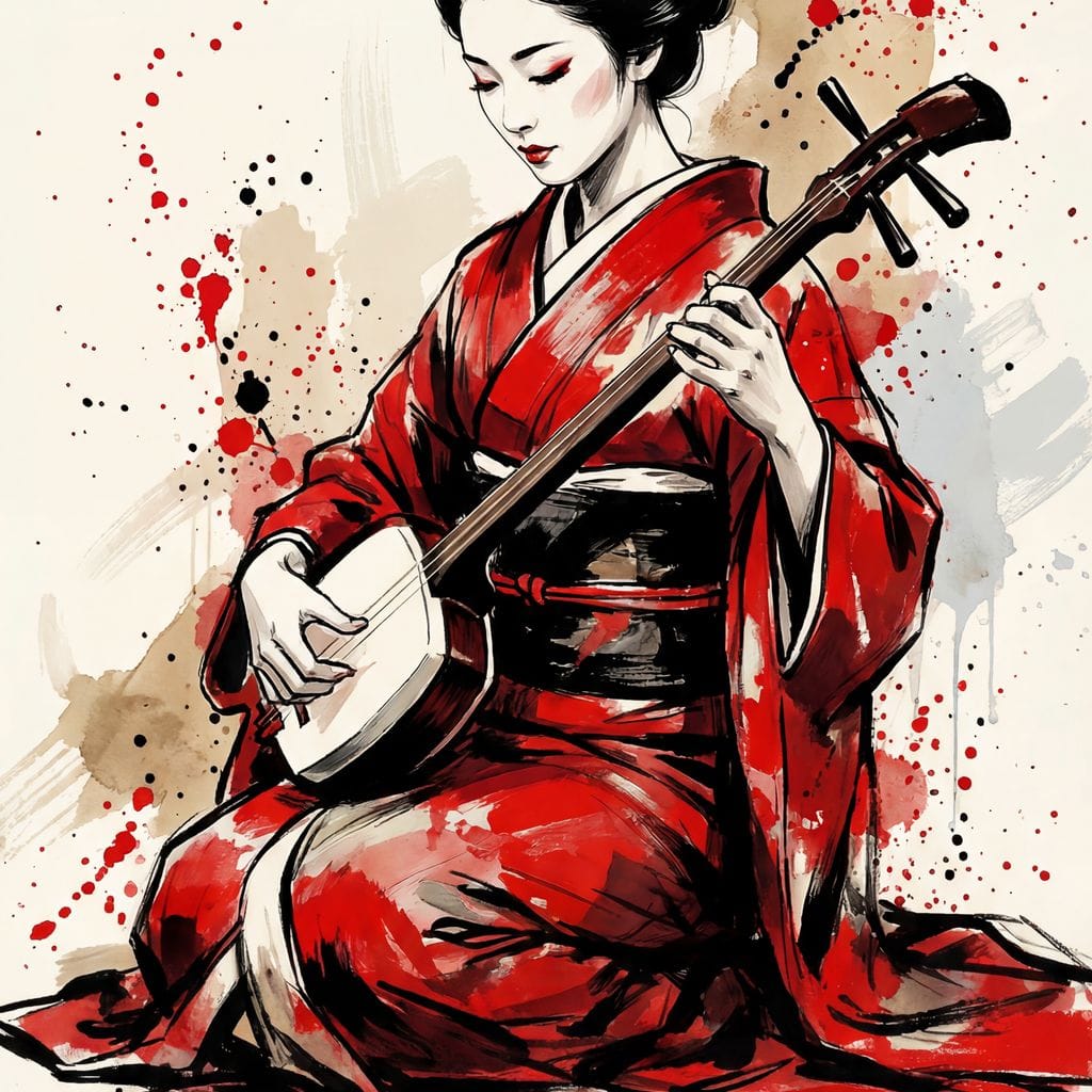 Japanese Woman with Shamisen Canvas Wall Art