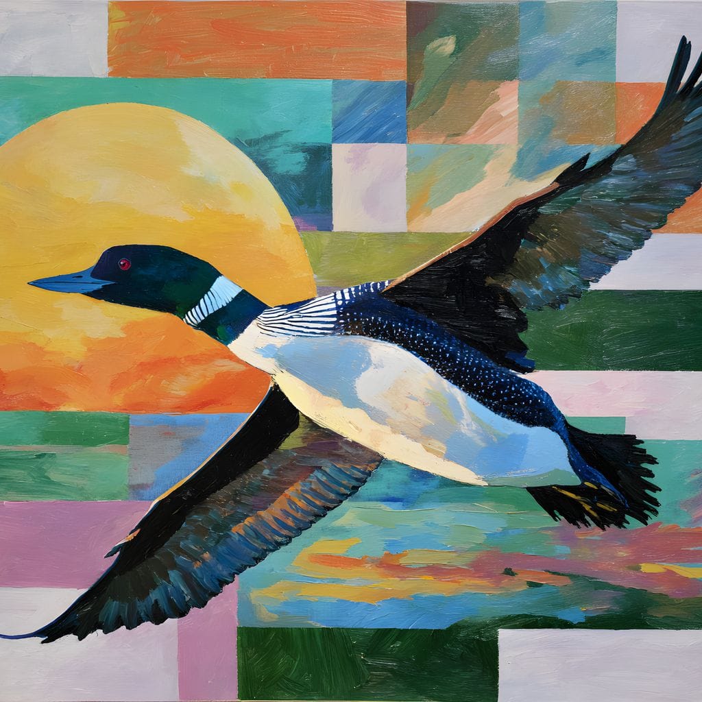 Flying Loon Over Golden Sun Canvas Wall Art