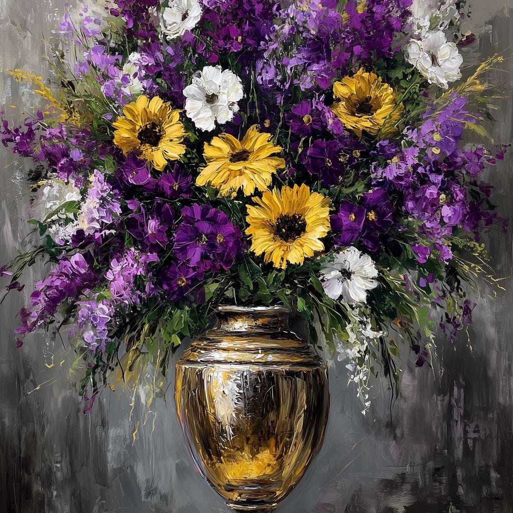 Golden Vase Violet Sunflowers Canvas Wall Art