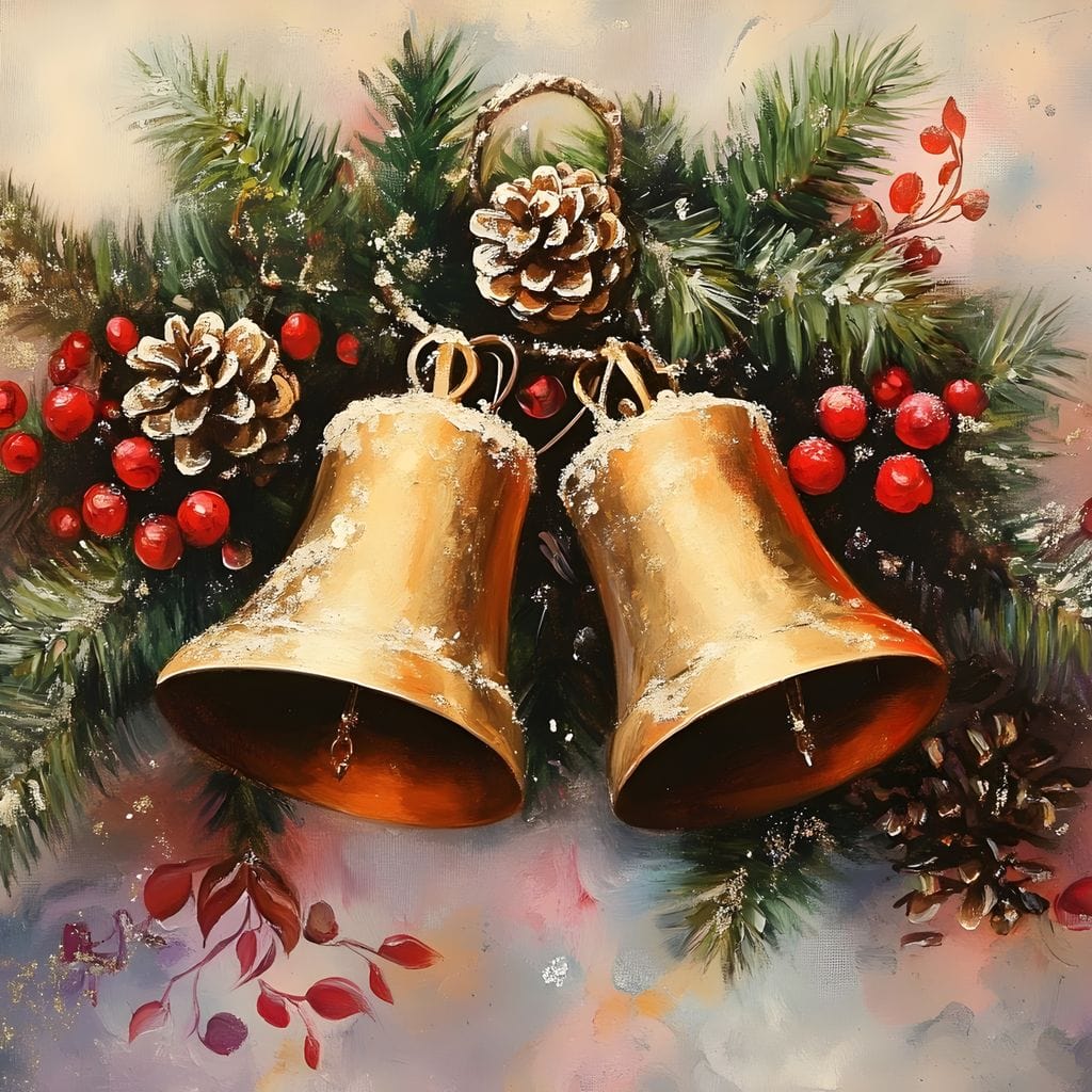 Golden Christmas Bells Garland Canvas Wall Art