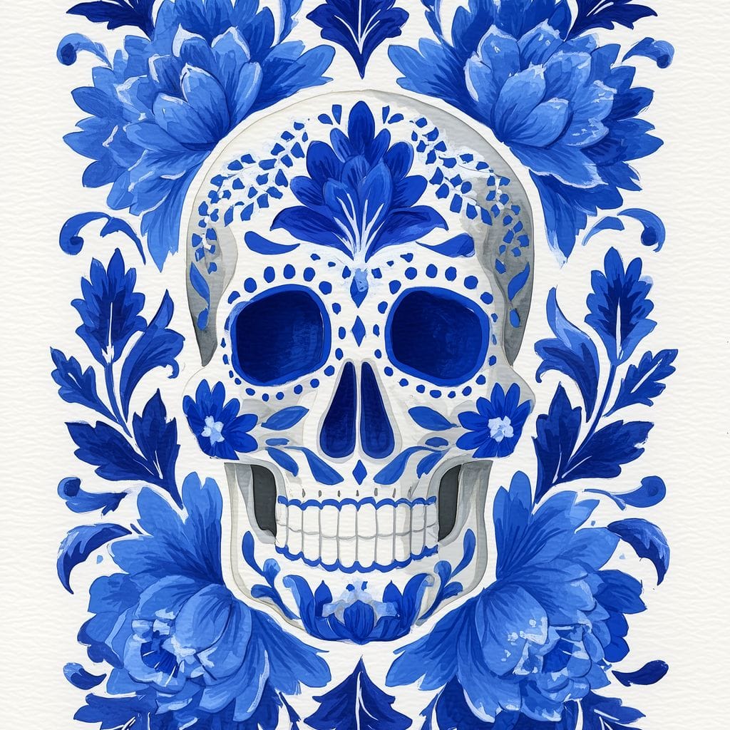 Blue Floral Sugar Skull Folkstyle Canvas Wall Art