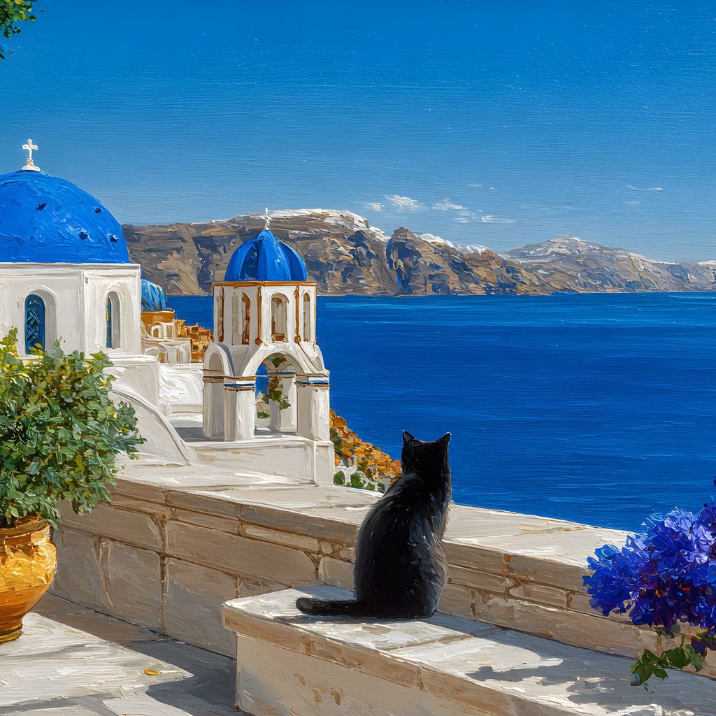 Santorini Blue Domes Cat Escape Canvas Wall Art