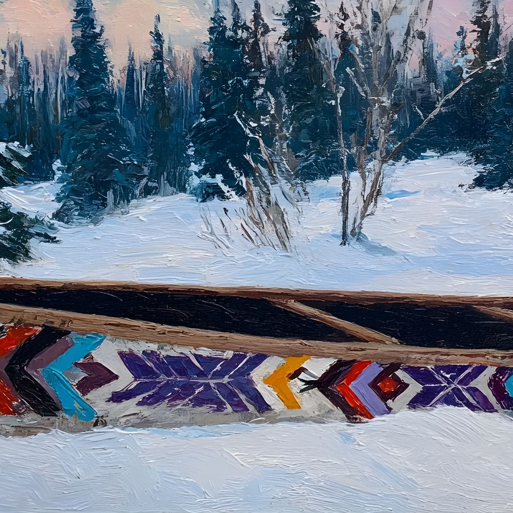Painted Canoe Among Winter Pines Canvas Wall Art