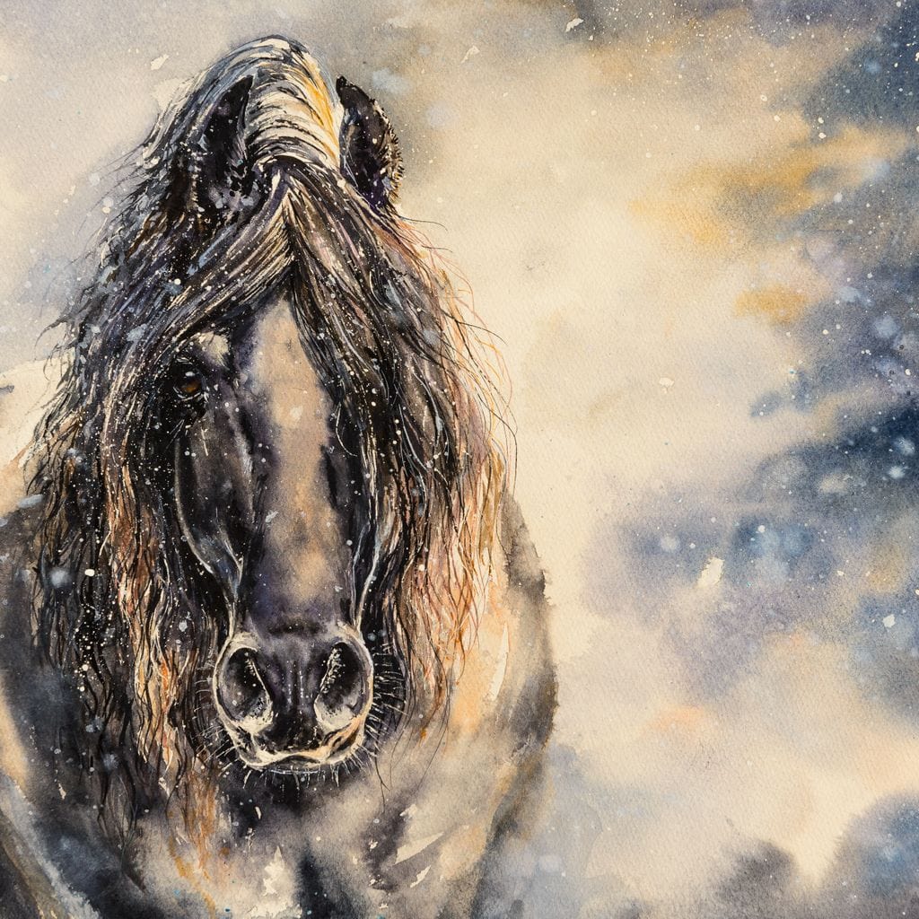 Black Horse in Winter Canvas Wall Art