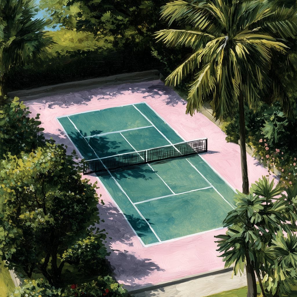 Palm Court Tennis Retreat Scene Canvas Wall Art