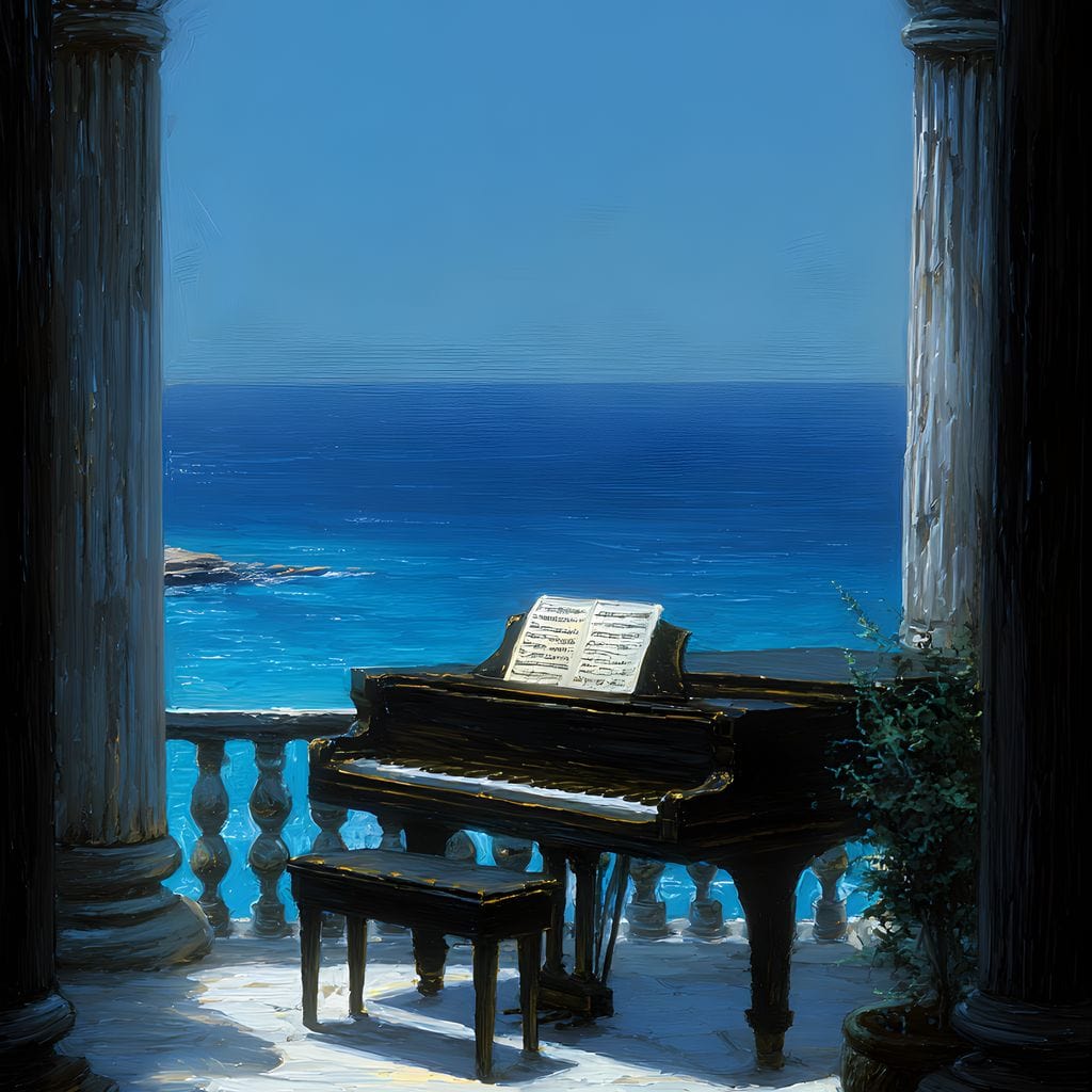 Seaside Sonata Grand Piano View Canvas Wall Art