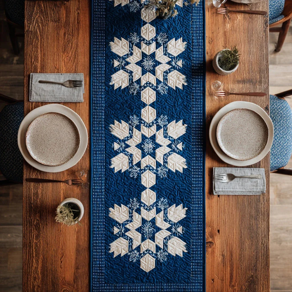Azure Snowflake Quilted Table Runner