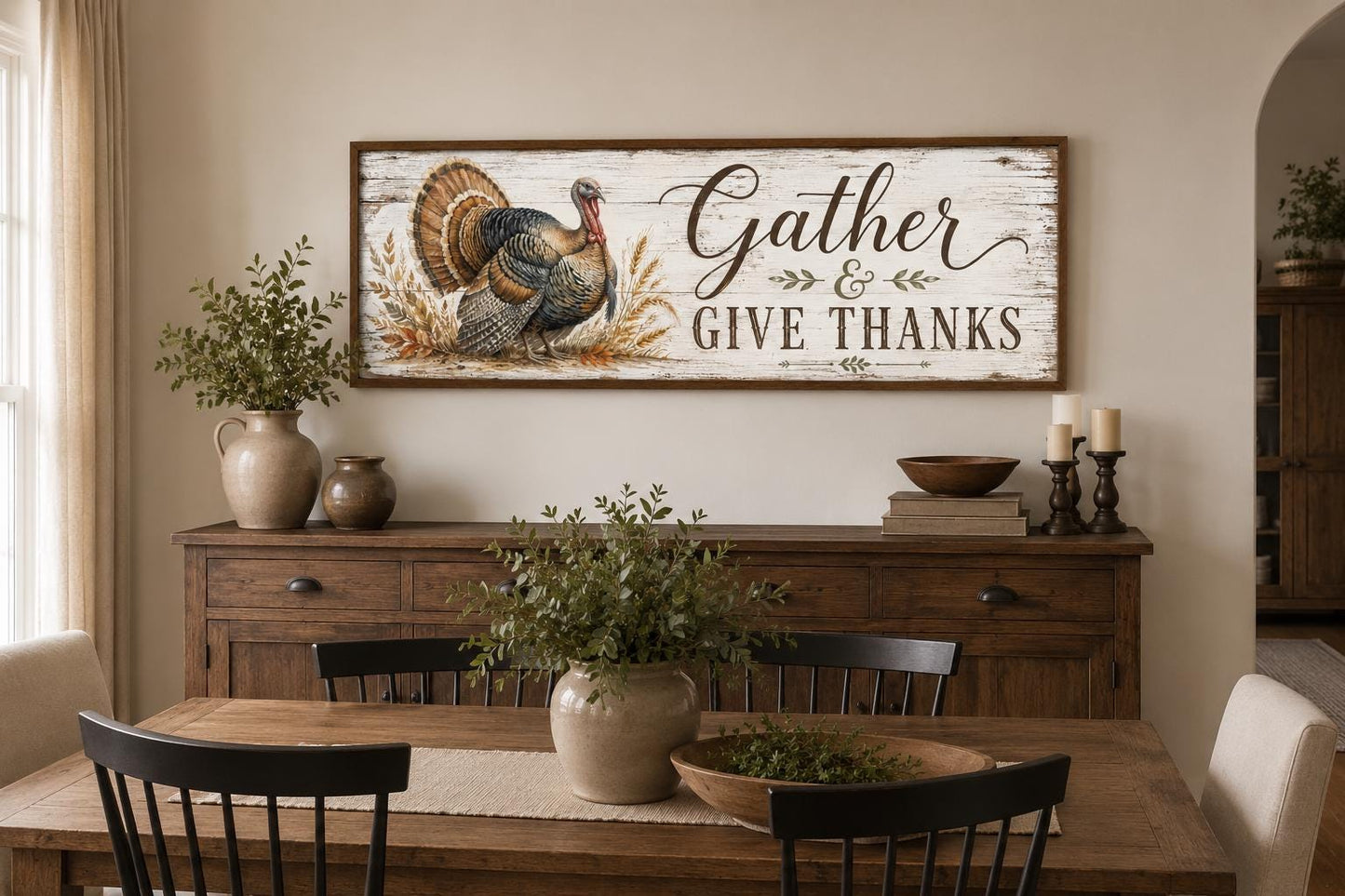 Thanksgiving Wall Art - Gather and Give Thanks Sign, Turkey Farmhouse Dining Room Decor
