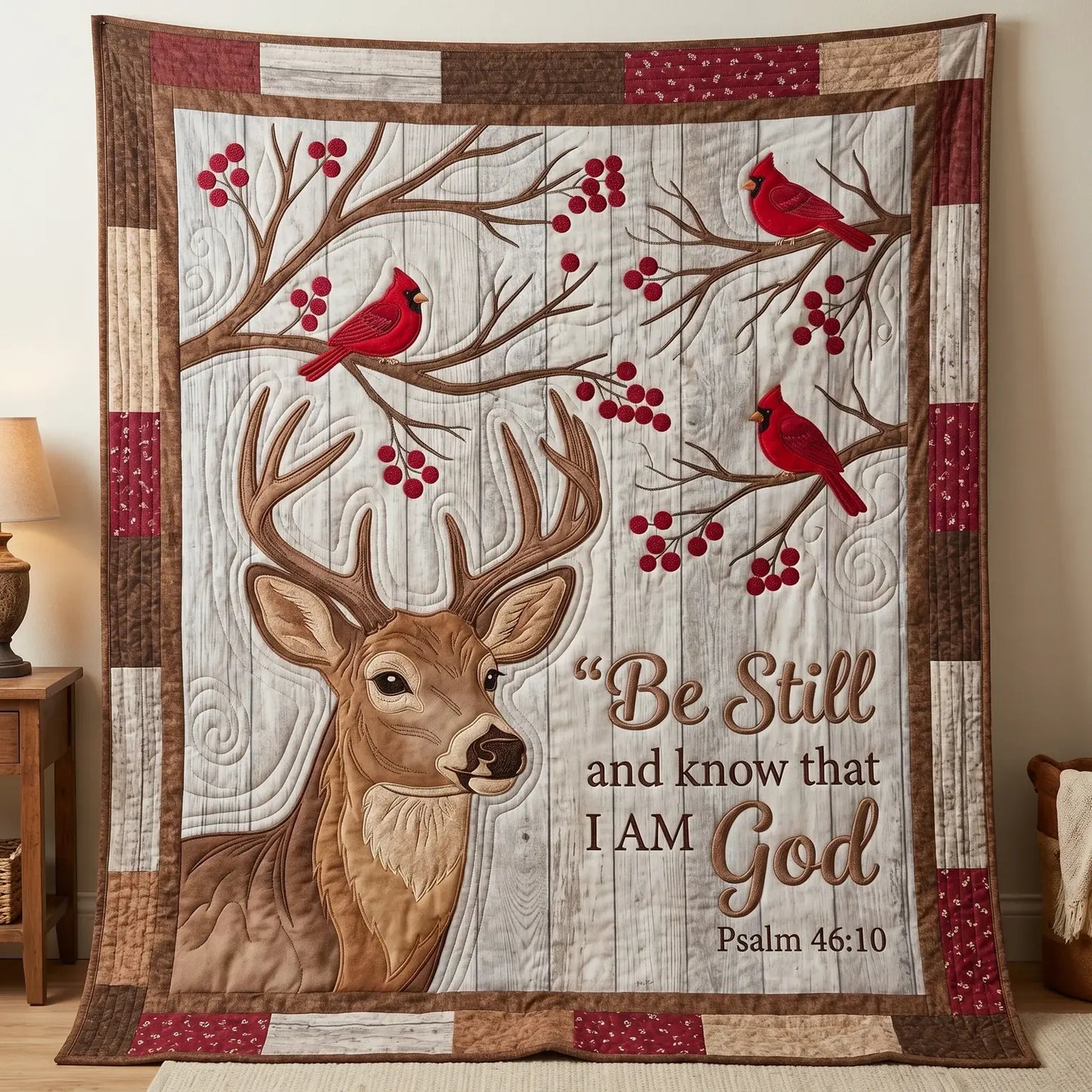 Be Still Deer And Cardinal Quilt Blanket