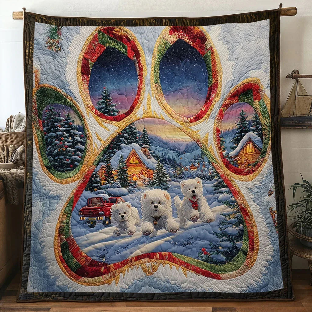 Bichon Frise Paw Holiday Blessing Quilt Blanket