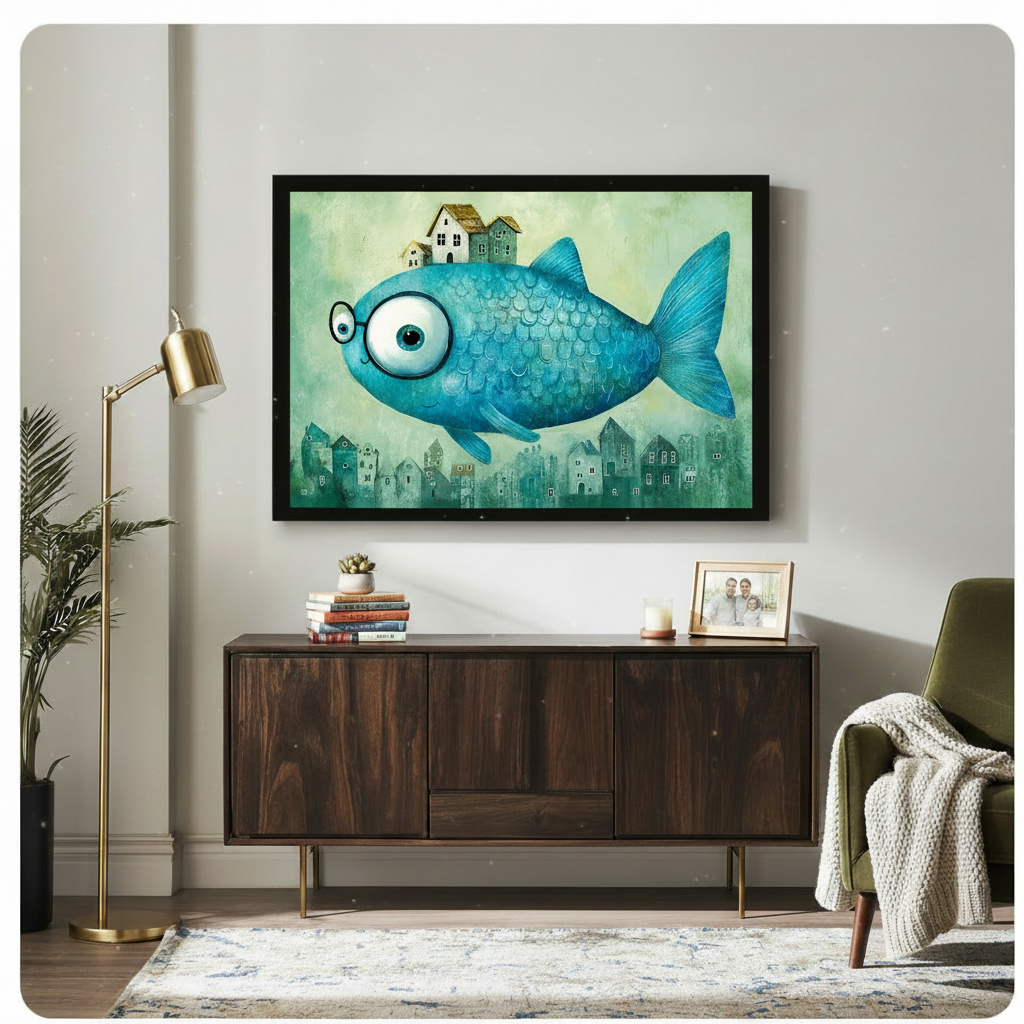 Whimsical Flying Fish Town Fantasy Canvas Art