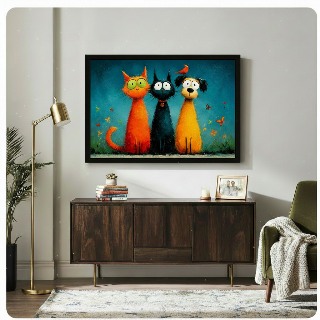 Whimsical Cats and Dog Colorful Canvas Wall Art