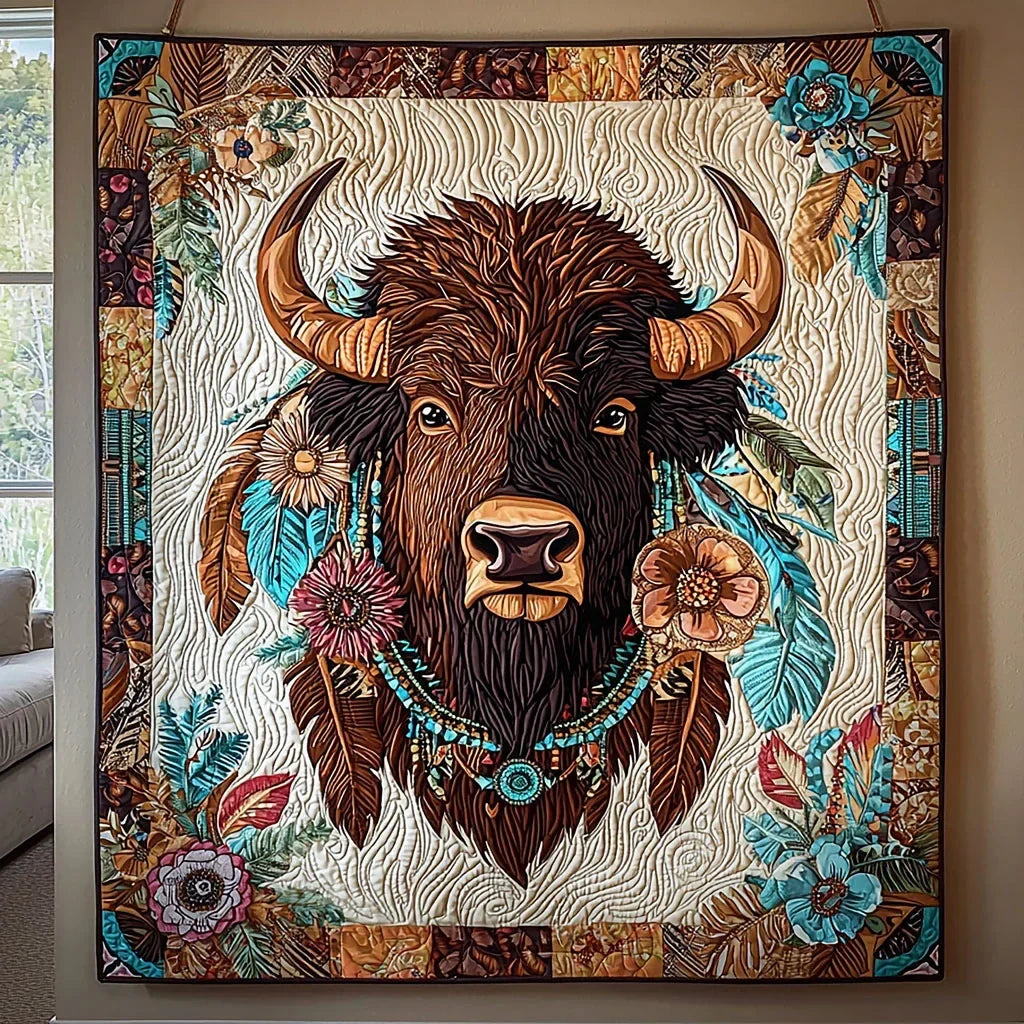 Bison And Flower Quilt Blanket
