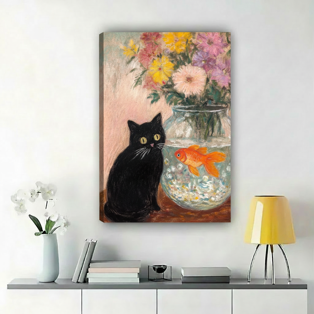 Black Cat and Goldfish Impressionist Canvas Wall Art