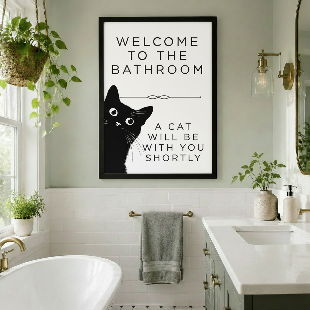 Funny Black Cat Bathroom Wall Art Canvas