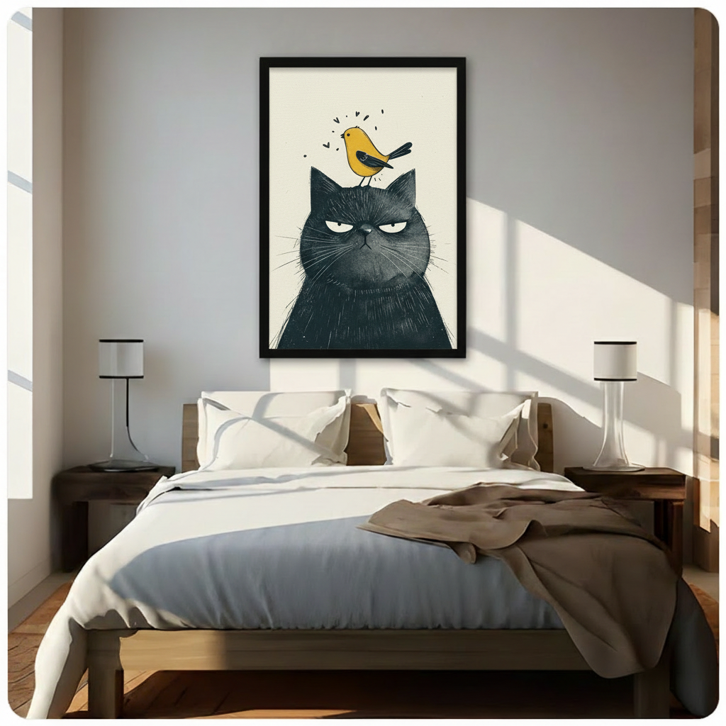 Grumpy Black Cat Yellow Bird Canvas Art Wall Art