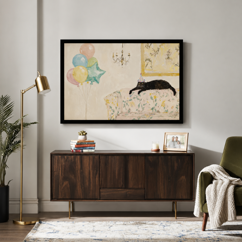Party Cat Floral Sofa Whimsical Canvas Wall Art