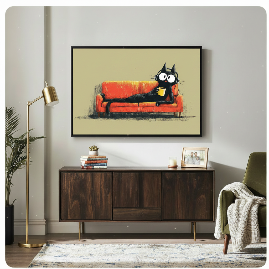Black Cat Lounge Coffee Headphones Canvas Wall Art