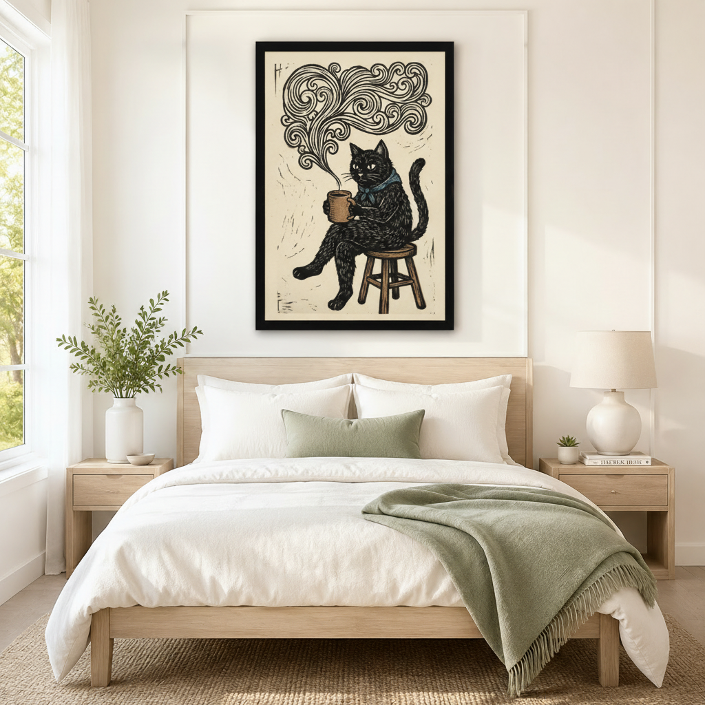 Coffee Cat Lino Print Framed Canvas Wall Art
