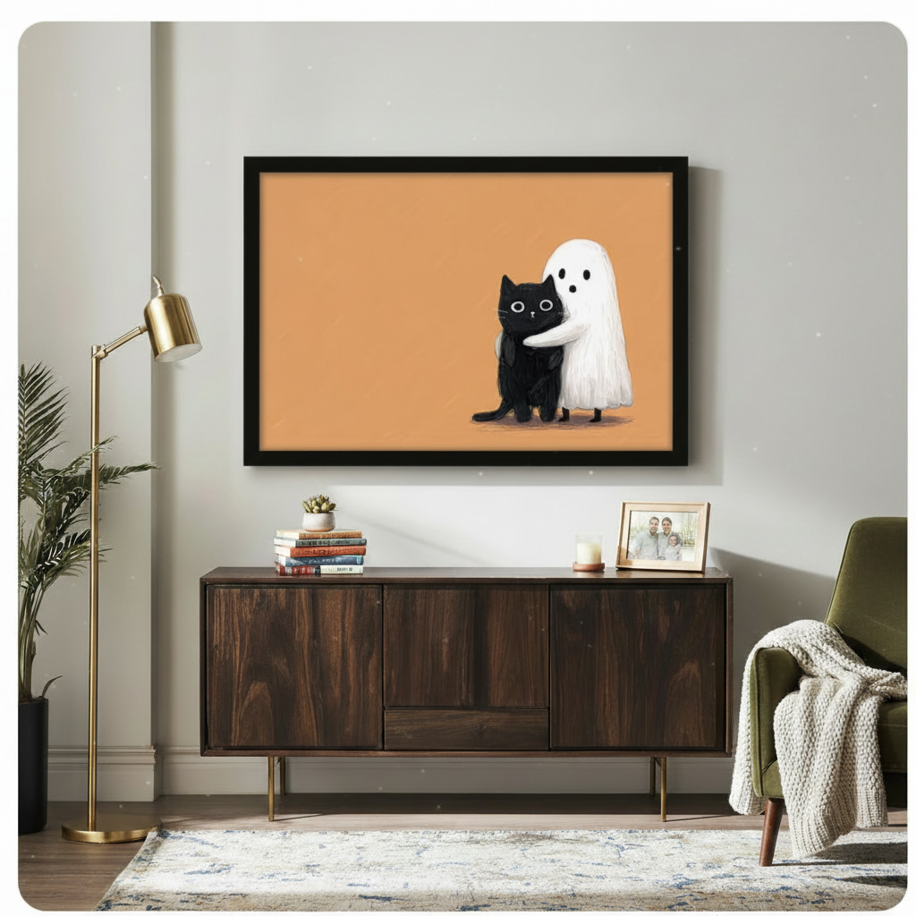 Ghost Hugging Black Cat Canvas Wall Art