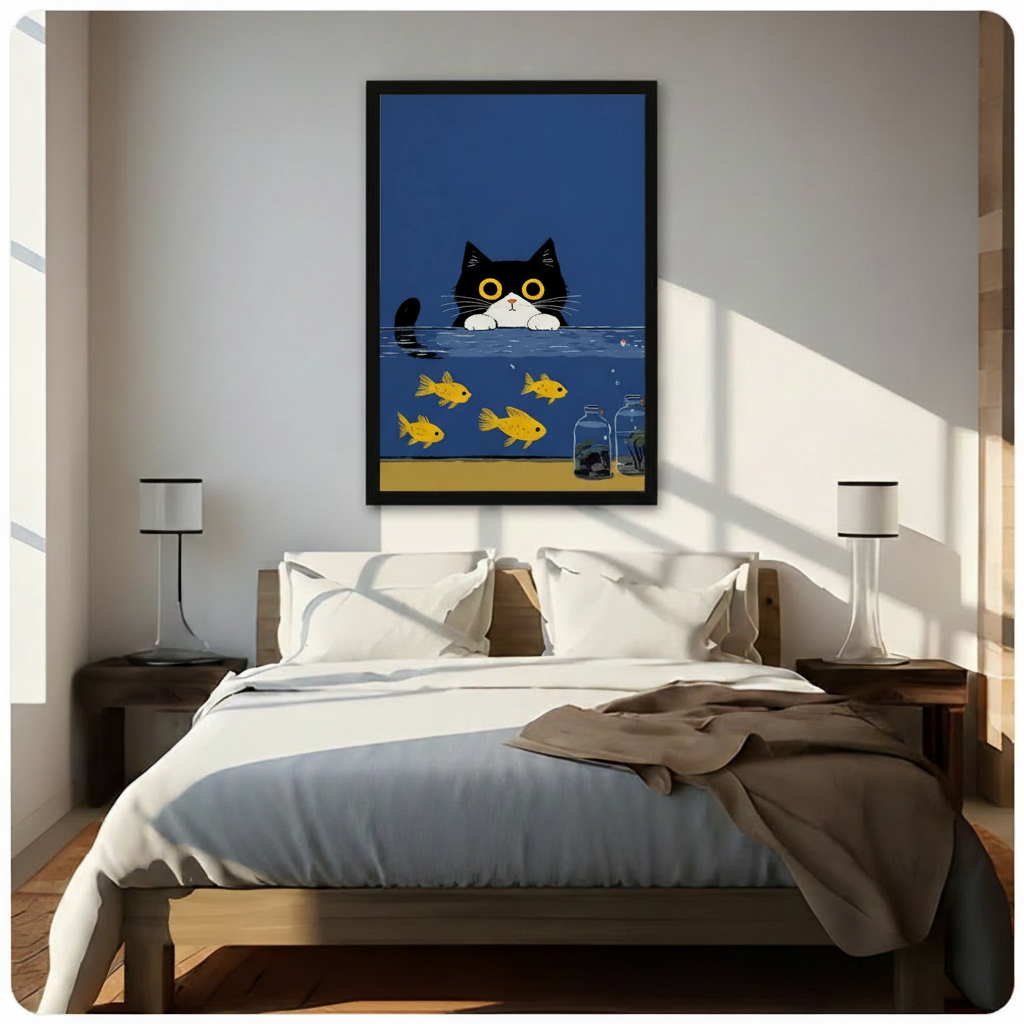 Tuxedo Cat Goldfish Tank Funny Canvas Wall Art