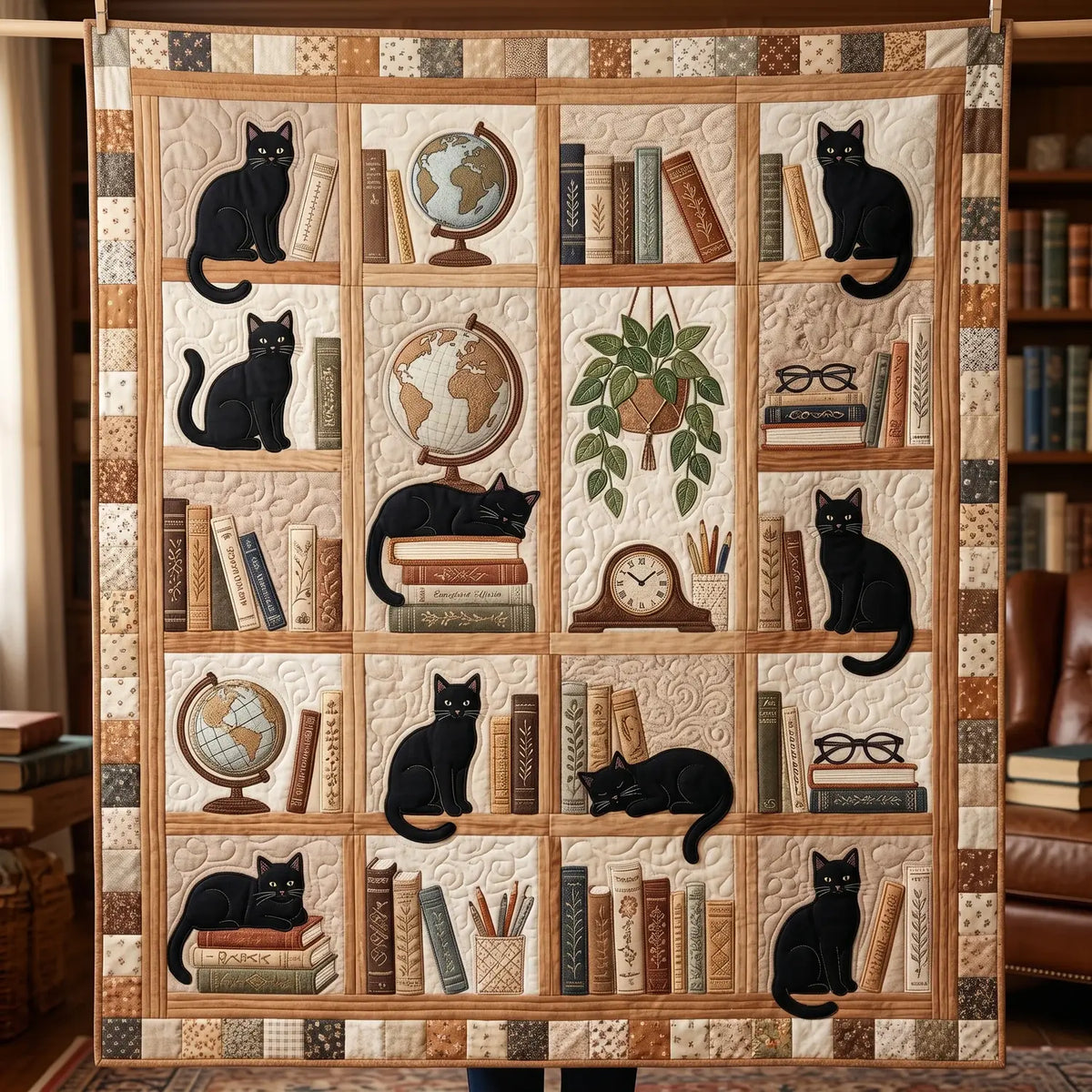 Black Cat In Library Quilt Blanket