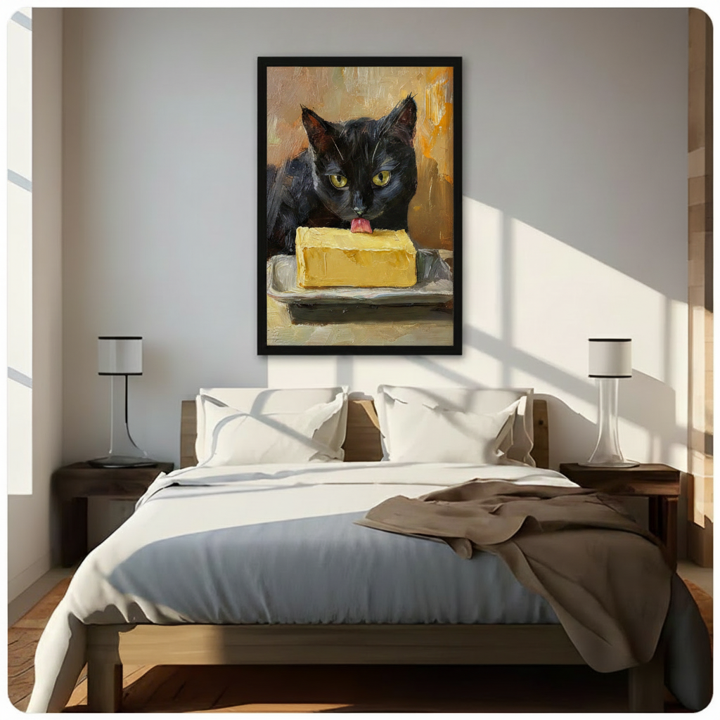 Black Cat Licking Butter Oil Painting Canvas Wall Art