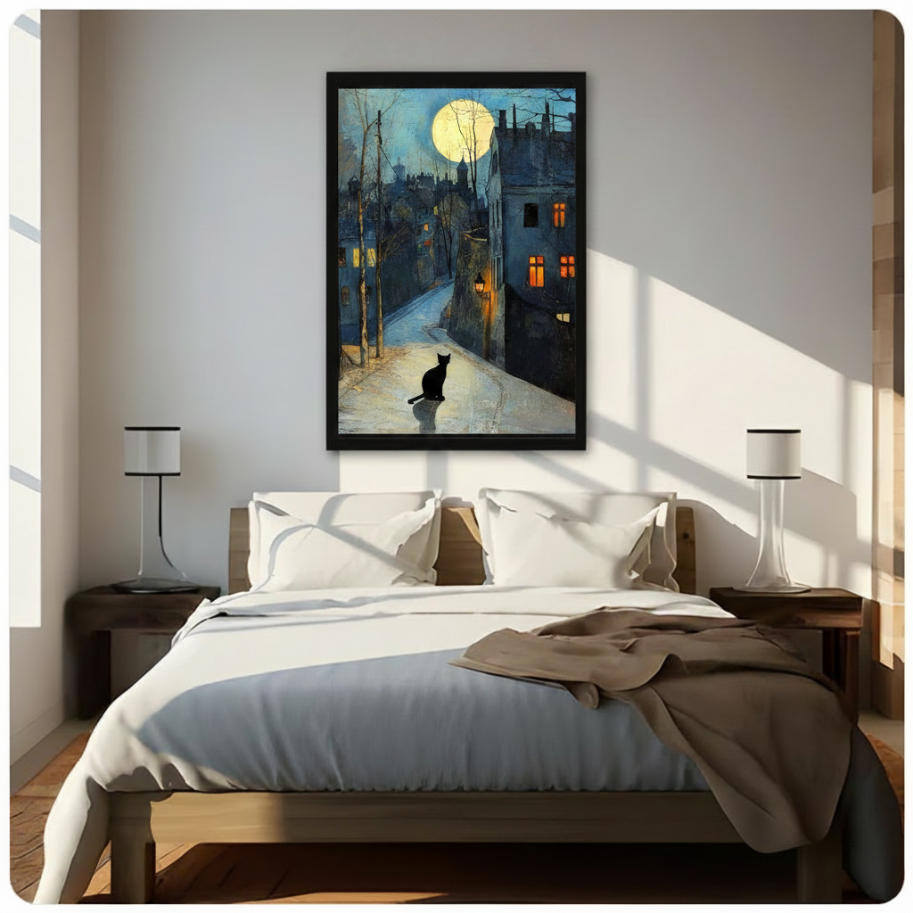 Moonlit Street Black Cat Framed Canvas Wall Art
