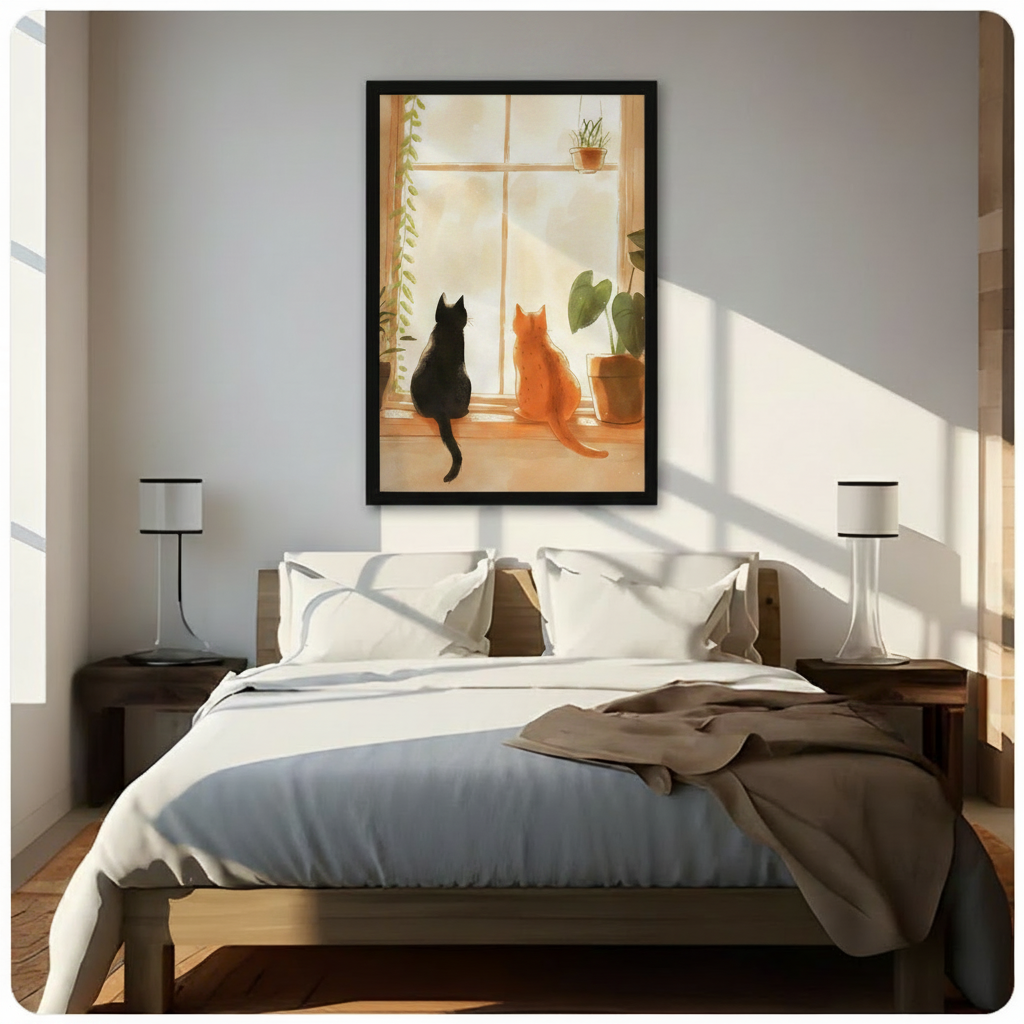 Two Cats Window Canvas Art – Cozy Boho 3009 Wall Art