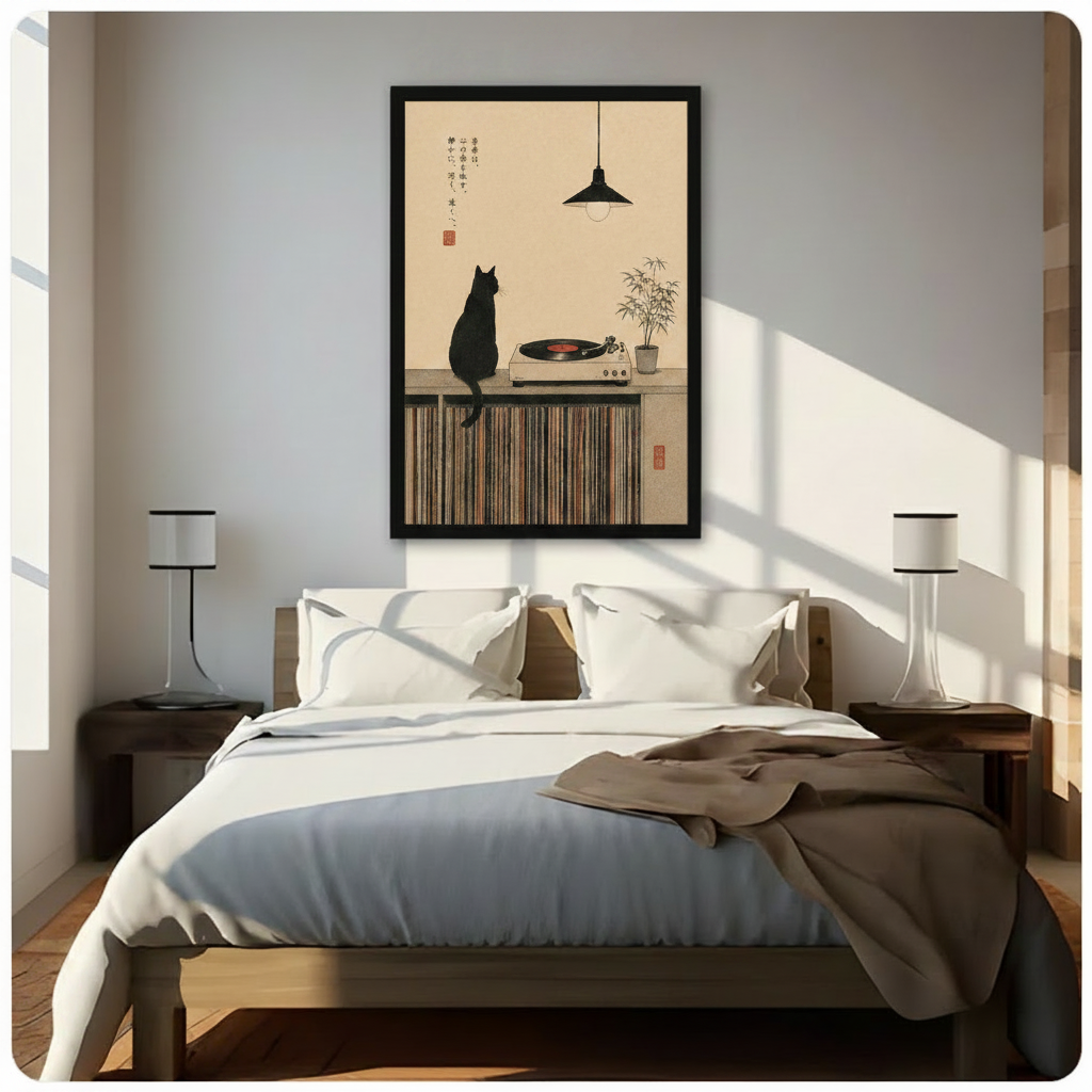 Japandi Black Cat Vinyl Record Canvas Wall Art