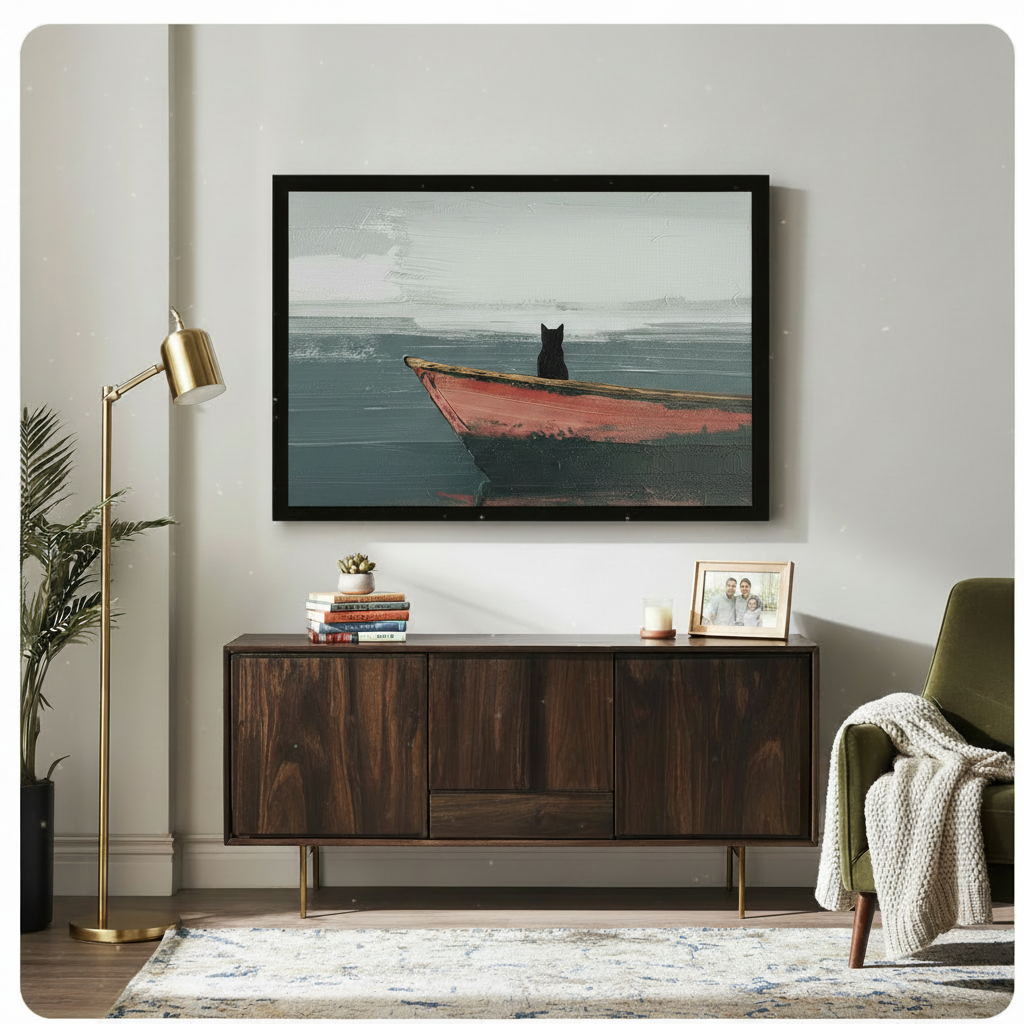Black Cat Red Boat Seascape Oil Painting Canvas