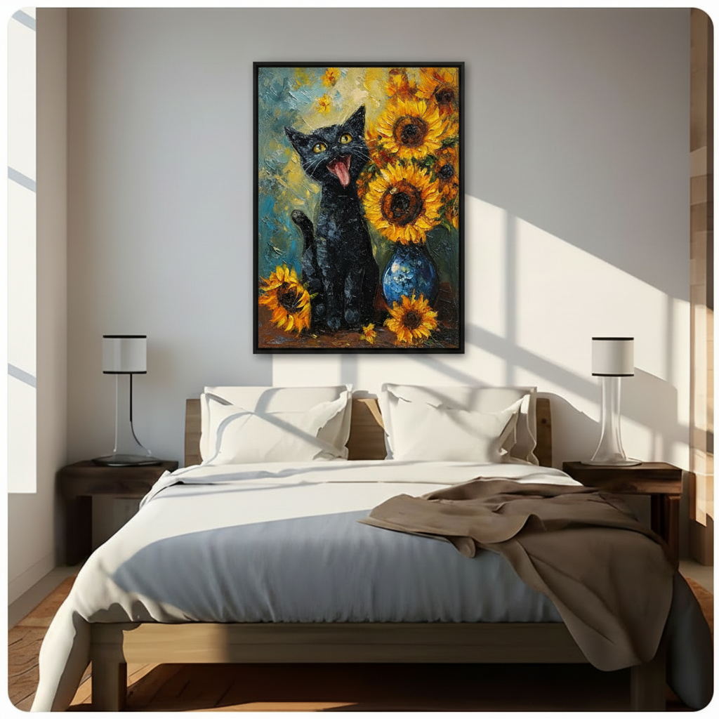Van Gogh Style Black Cat Sunflower Canvas Art