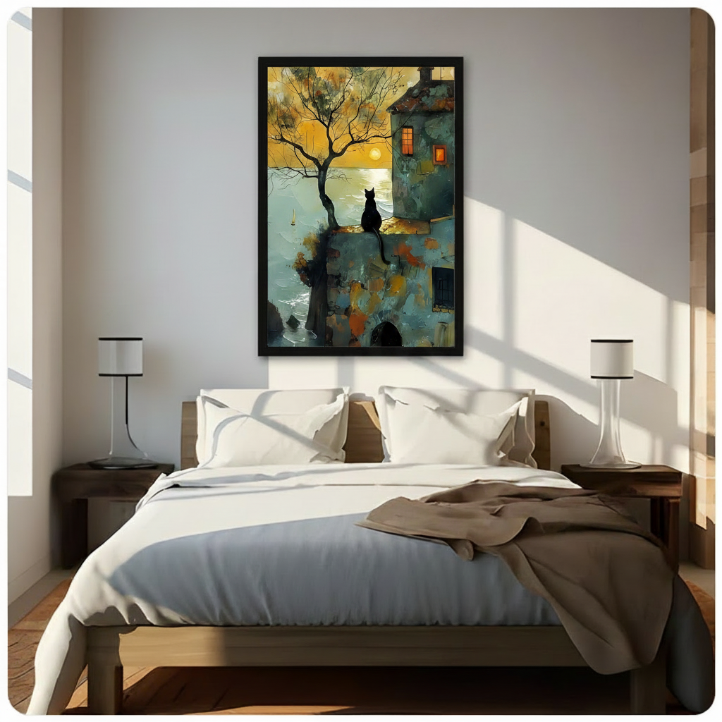 The Twilight Town Black Cat – Vintage Whimsical Wall Art on Natural Wood Canvas